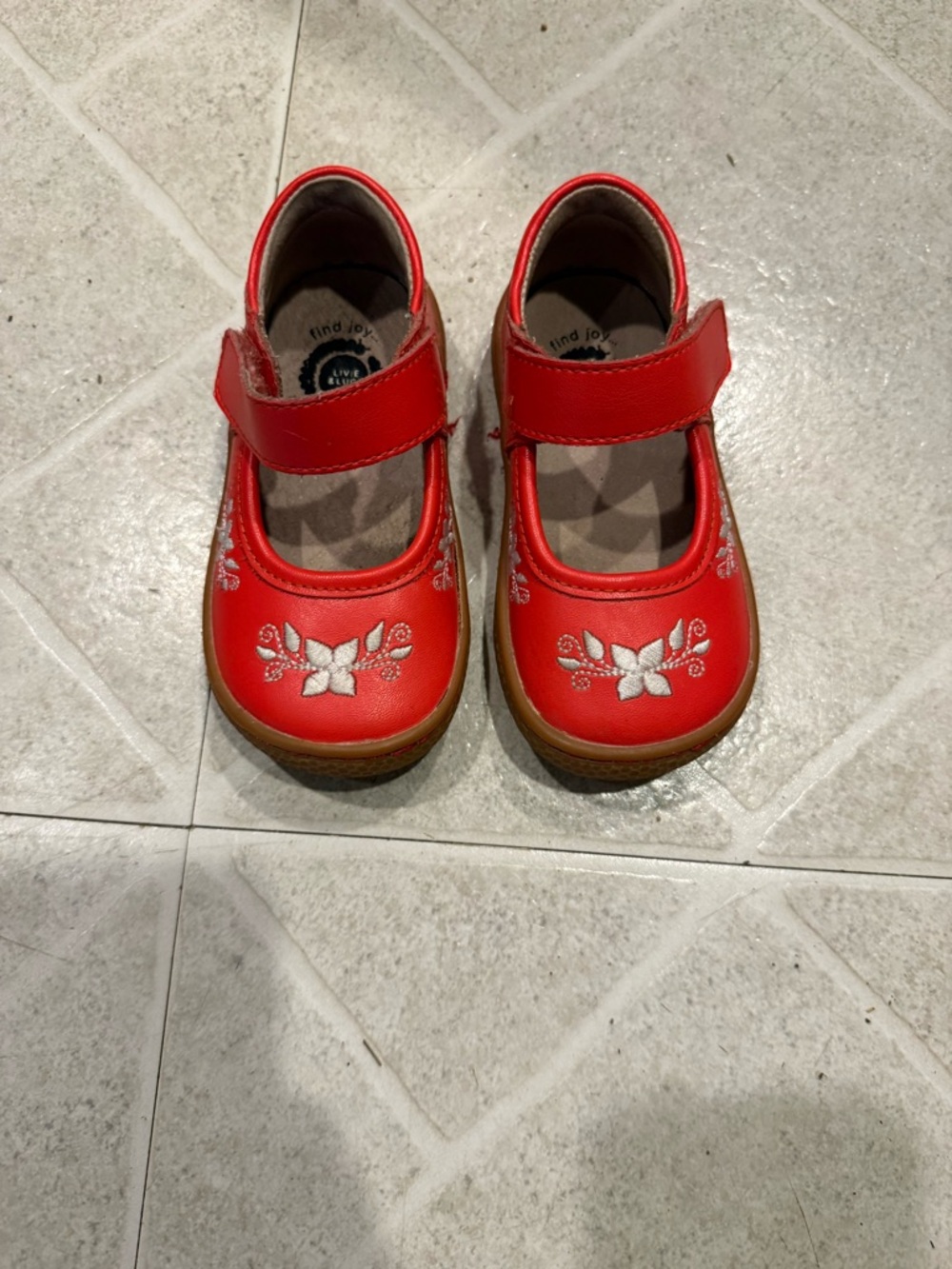 Livie & Luca Red Mary Jane Shoes with White Floral Stitching Frida